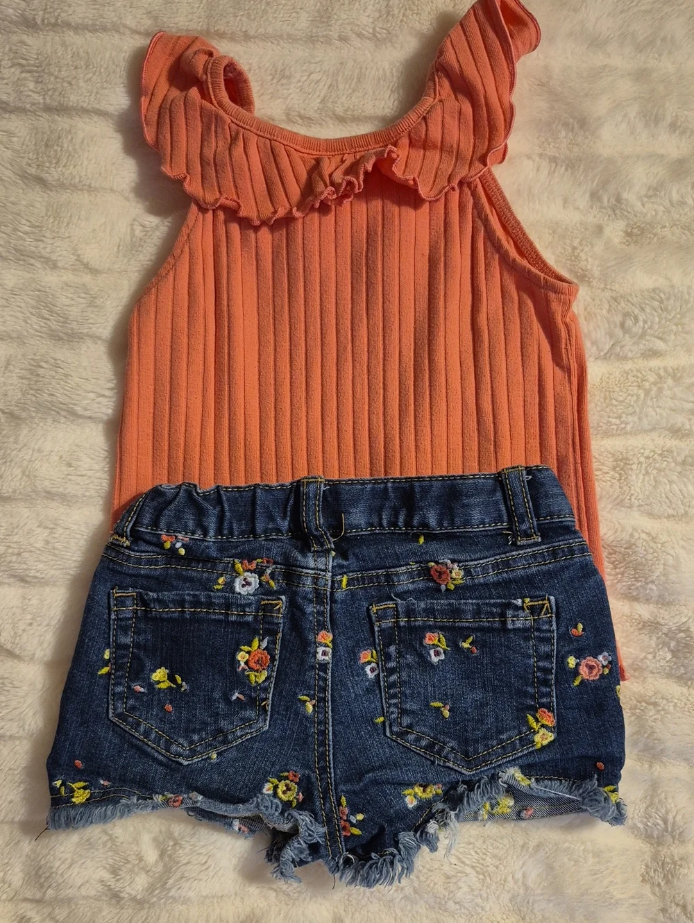 Cat & Jack Coral Ruffled Ribbed Tank Top With Match Jean Shorts.